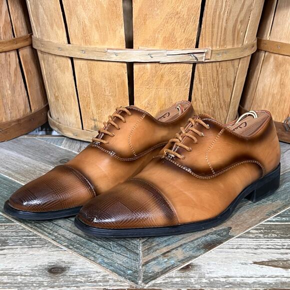 David Stone Burnished Tan Brown Faux Leather Cap Toe Oxfords Mens Size 8 - Picture 3 of 11
